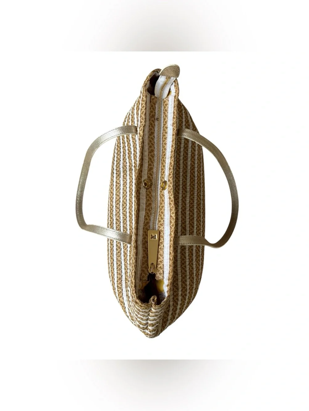 ERIC JAVITS Isla “Squishee” Straw & White Grosgrain Tote w/ Gold Leather Straps